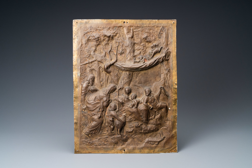 A hammered copper 'Nativity' tabernacle door plaque, Italy, 17th C.