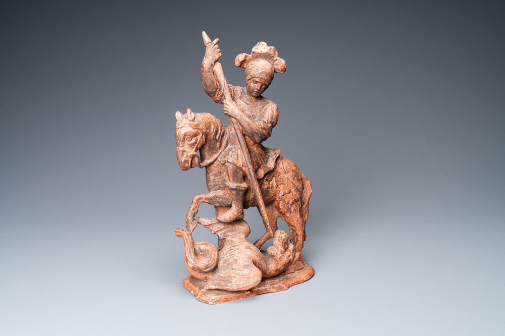 A faux terracotta monochromed wooden figure of Saint Georges, 16th C.