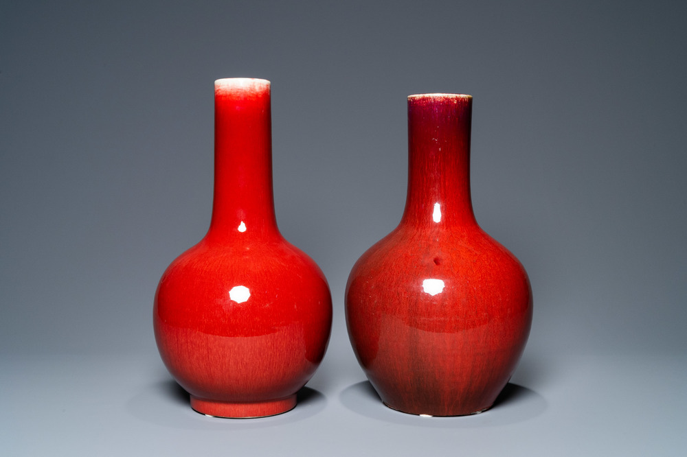 Two Chinese monochrome sang de boeuf bottle vases, 19/20th C.