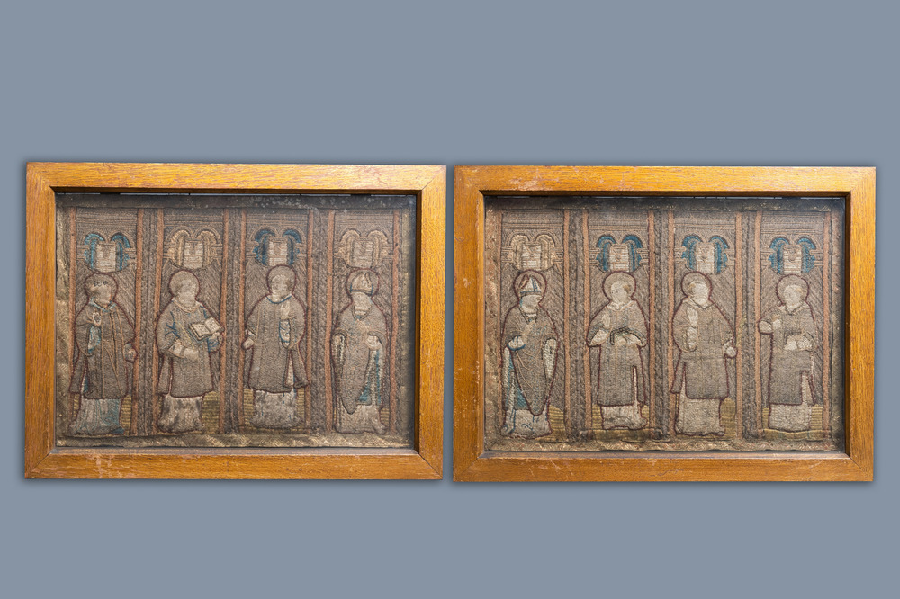 Two large linen, silk- and silverthread orphrey fragments depicting saints below arcatures, Spain, early 17th C.