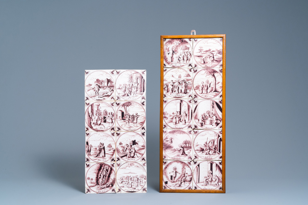 Achttien fijne mangane Delftse bijbeltegels met anjerhoeken, 18e eeuw