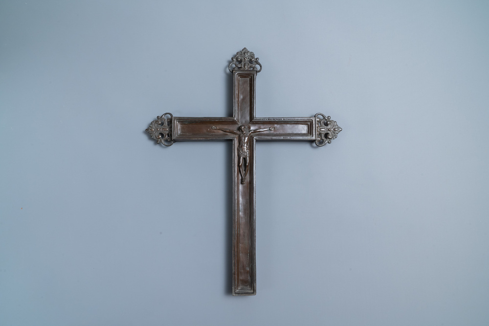 A brass procession crucifix with bronze Corpus Christi, France or Germany, 17/18th C.