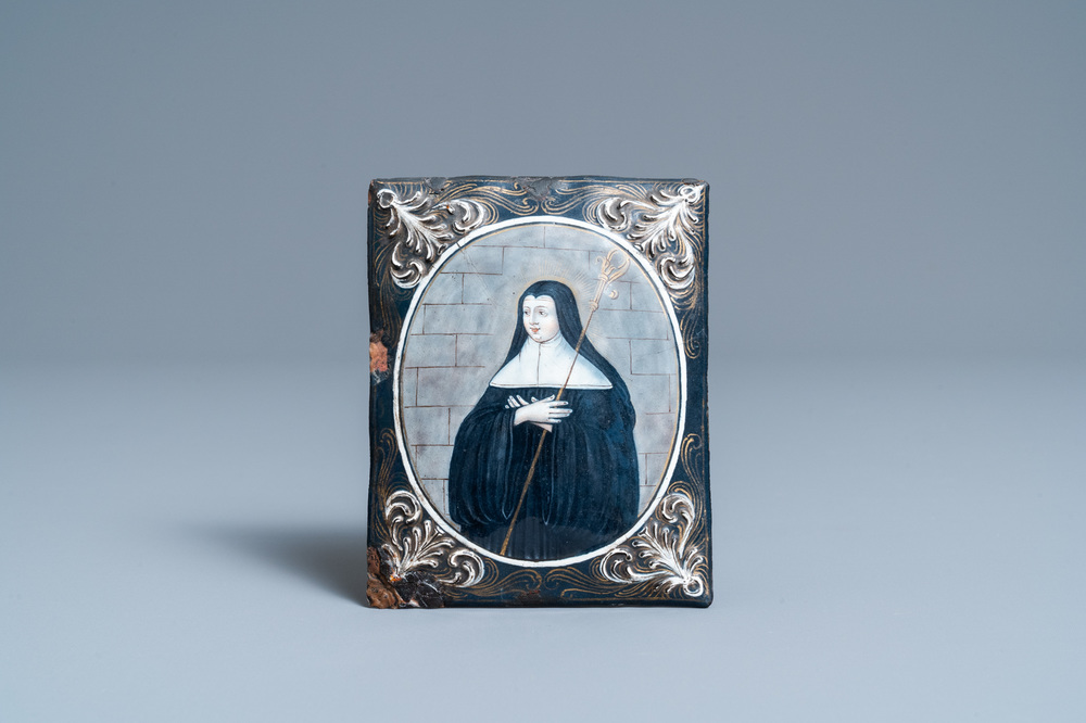 A Limoges enamel plaque depicting a carmelite, signed Jacques Laudin, France, late 17th C.