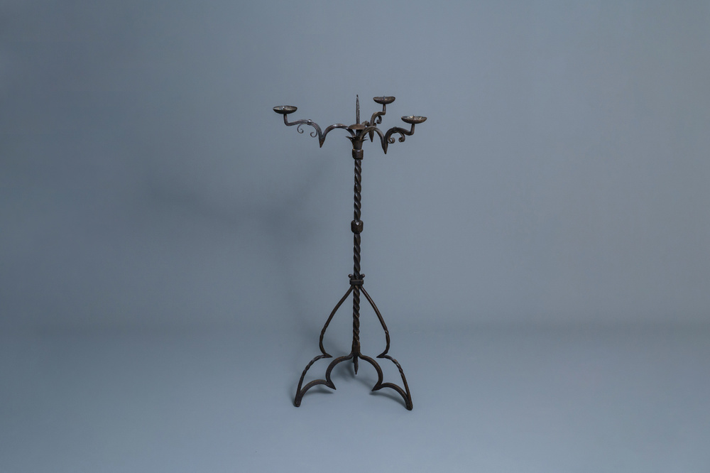 A wrought iron standing candle holder, North of France or Flanders, 15th C.