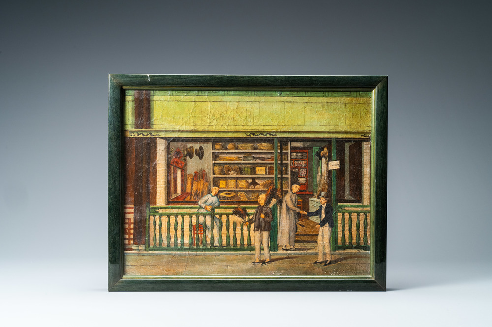 Canton school, oil on canvas: a shop interior seen from the street, 19th C.