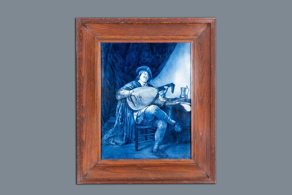 A large Dutch Delft blue and white Porceleyne Fles plaque: 'Self-portrait as a lute player', after Jan Steen, 20th C.