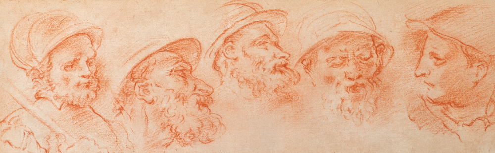 Italiaanse school, naar Charles Parrocel, sanguine op papier, 18/19e eeuw: Vijf hoofden van gehelmde soldaten