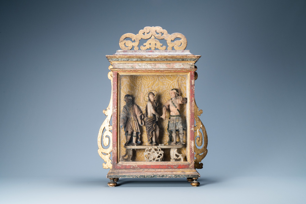 A polychromed and gilded alabaster 'flagellation' group in glass display, South-Italy, 17th C.