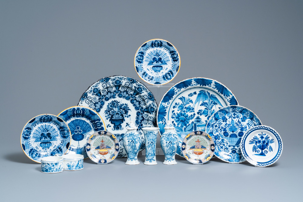 A varied collection of Dutch Delft blue and white and polychrome pottery, 18th C.