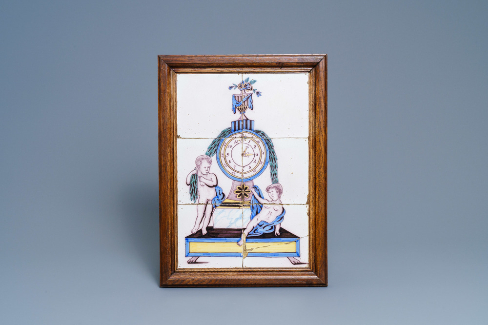 A polychrome Dutch Delft tile mural with a clock, late 18th C.
