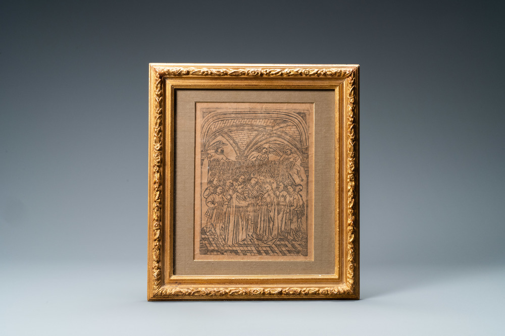 Een anonieme houtsnede met het huwelijk van Maria en Jozef, 15e eeuw