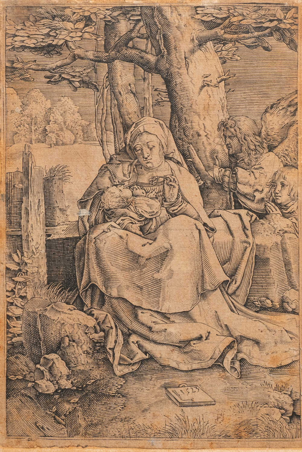 Naar Lucas van Leyden (1494 - 1533), ets op papier, 16e eeuw: Madonna met Kind en twee engelen