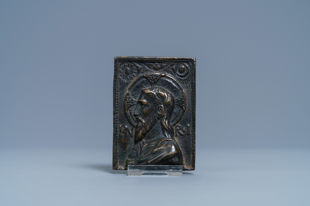 An Italian bronze plaque with a profile bust of Christ, probably Rome, early 16th C.