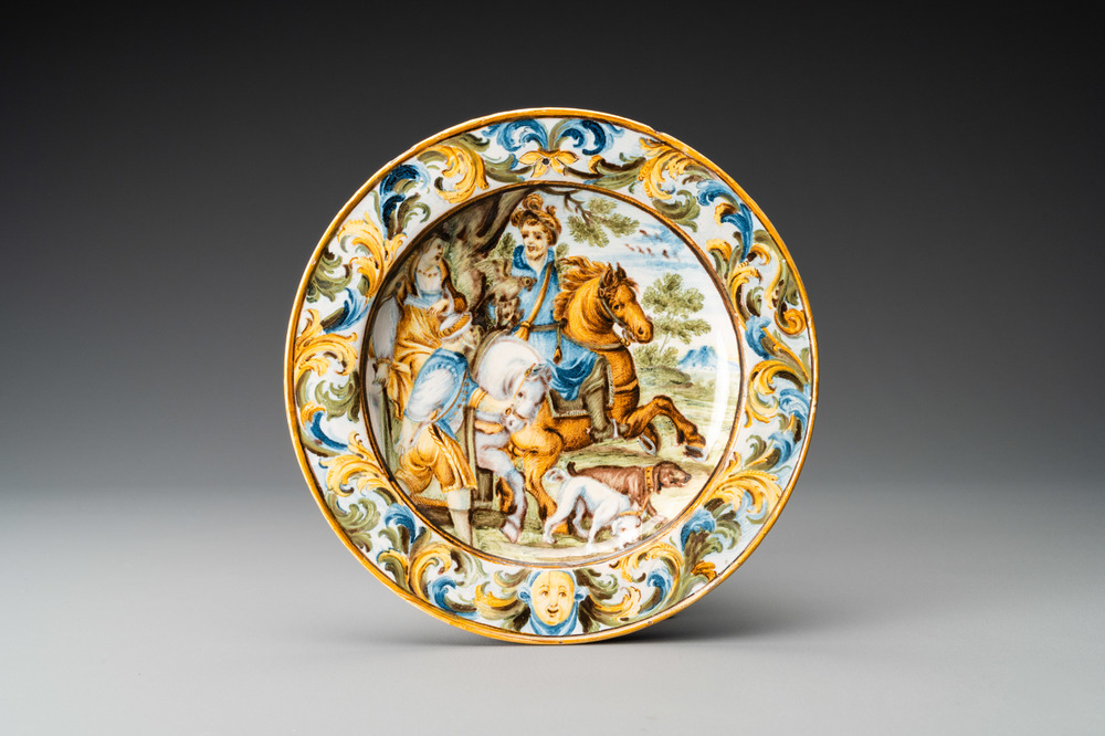 A polychrome 'hunting scene' plate after Antonio Tempesta, Grue workshop, Castelli, Italy, 18th C.