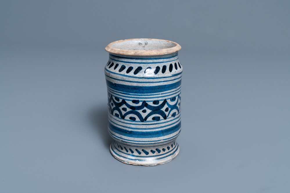 A blue and white maiolica albarello, Northern Netherlands, early 17th C.