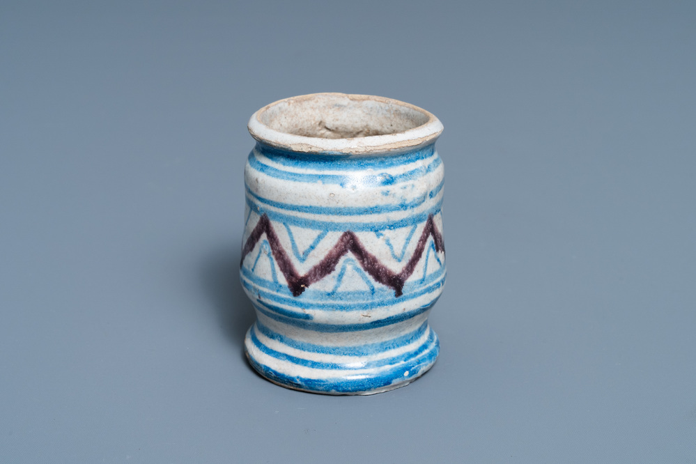 A small blue, white and manganese maiolica albarello, Antwerp or Northern Netherlands, 16/17th C.
