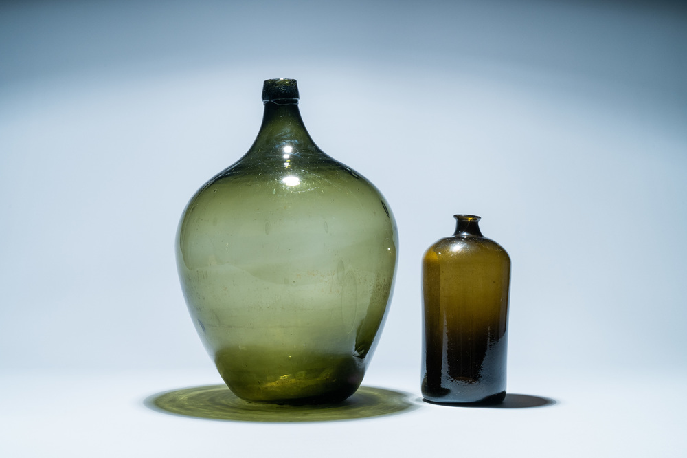 Two large green glass bottles, 18th C.