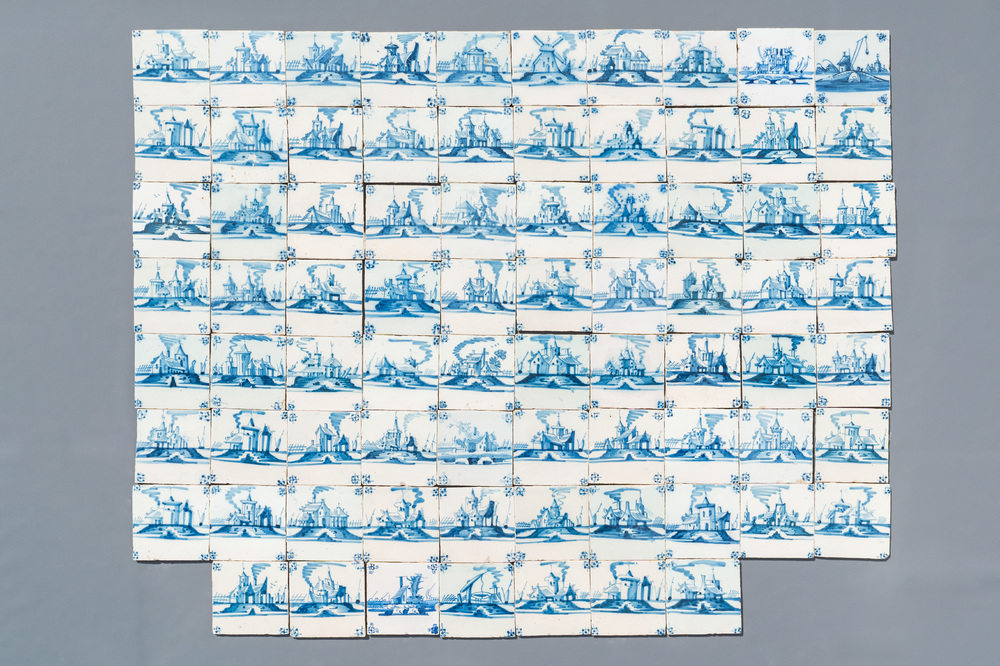 Seventy‑seven blue and white Dutch Delft 'landscape' tiles, late 18th C.