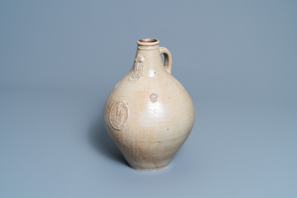 A rare German stoneware bellarmine jug with royalist medallions, Westerwald, late 17th C.