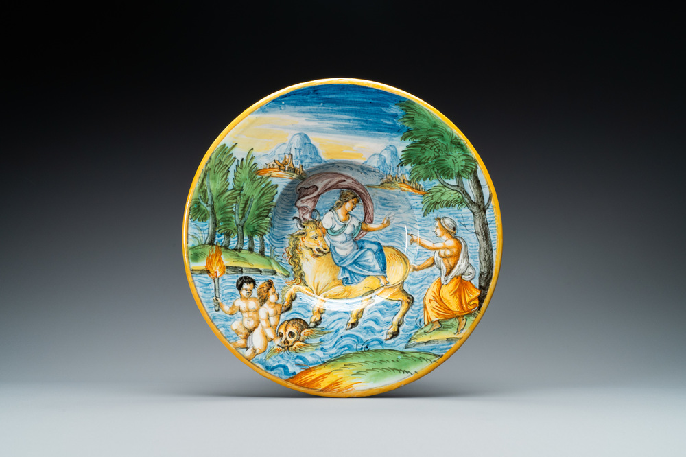 A French maiolica mythological subject 'The Rape of Europa' dish, Nevers, 1st half 17th C.