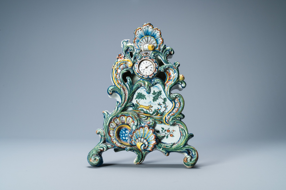 An exceptional polychrome Dutch Delft pocket watch stand, dated 1772