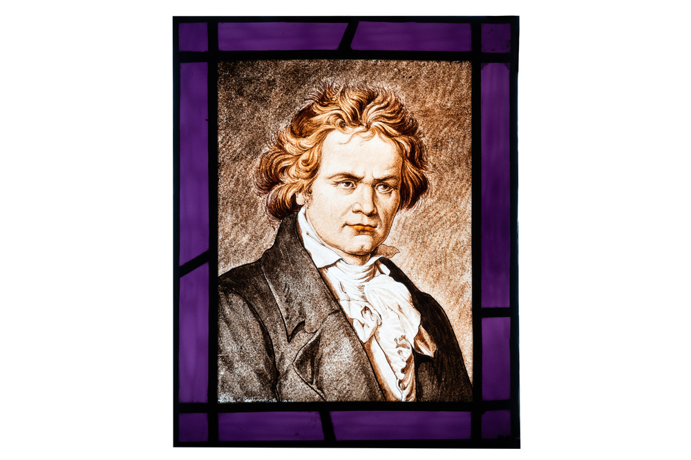Alfred Labille and Pierre Bertrand (Lille, active 1902-1930): A painted glass panel with a portrait of Ludwig van Beethoven