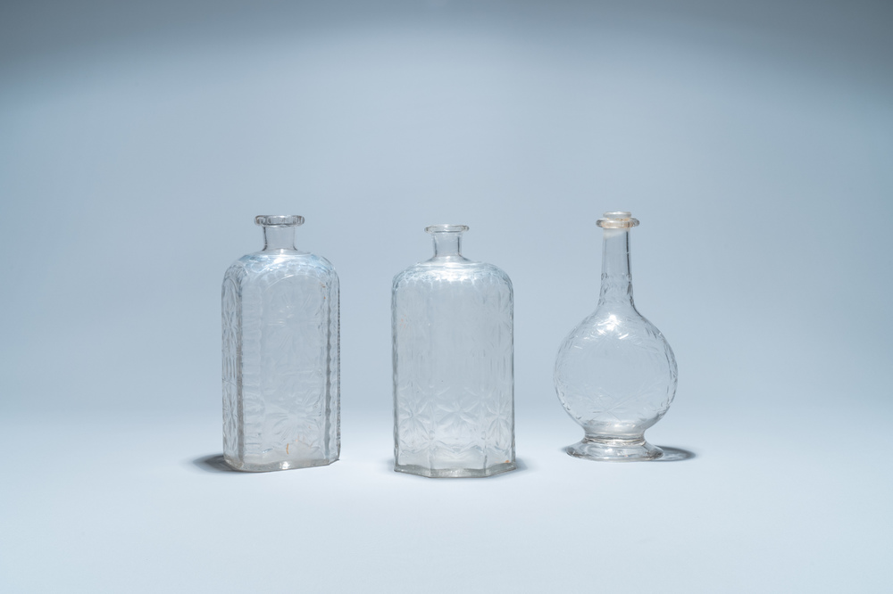 Three weel-cut glass bottles, probably Liege, 18/19th C.