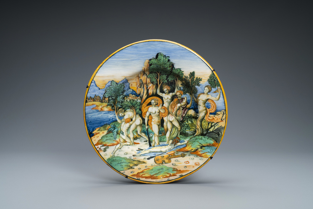 An Italian maiolica mythological subject 'The transformation of the Maenads' dish from the Lanciarini service, Urbino, 16th C.