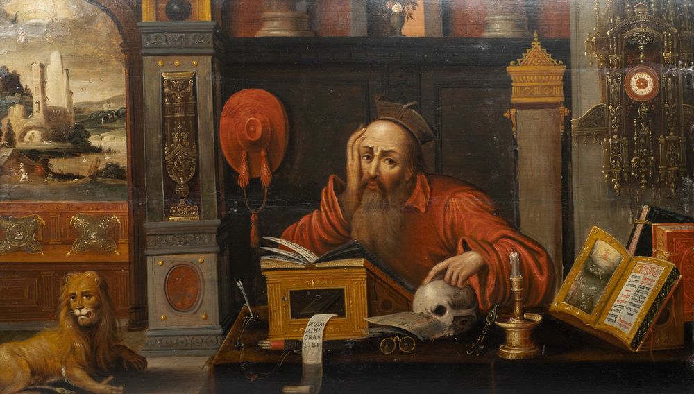 Ecole flamande, suiveur de Joos van Cleve (ca. 1485-1540), huile sur panneau, 16/17&egrave;me: Saint J&eacute;r&ocirc;me dans son &eacute;tude