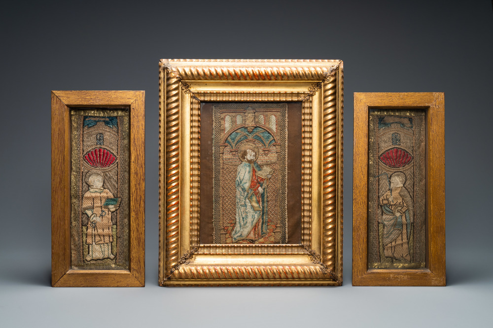 Three linen, silk- and silverthread orphrey fragments depicting Saint Agricola of Bologna, Saint Leonard and Saint Thomas, early 16th C.