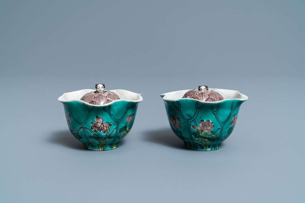 A pair of Chinese verte biscuit lotus-shaped trick cups, 19th C.