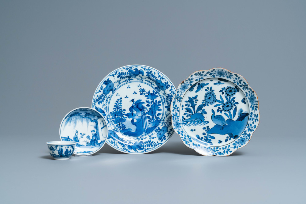 Two Japanese blue and white Arita plates and a cup and saucer, Edo, 17/18th C.