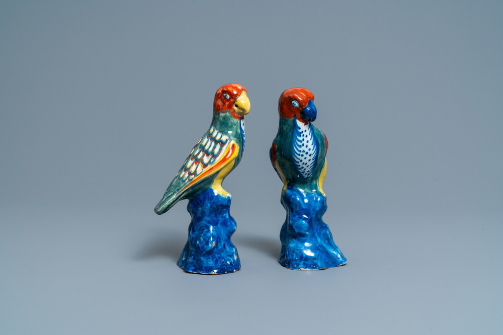 A pair of polychrome Dutch Delft models of parrots, 18th C.