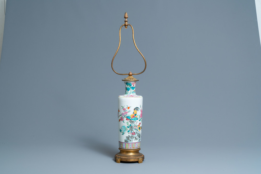 A Chinese lamp-mounted famille rose 'rooster' vase, 19th C.