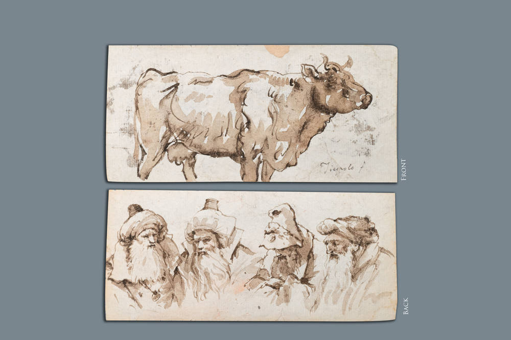 Italian school, circle of Giambattista Tiepolo, grey-brown wash on paper, late 18th C.: Study of a cow and of four turbaned men's heads