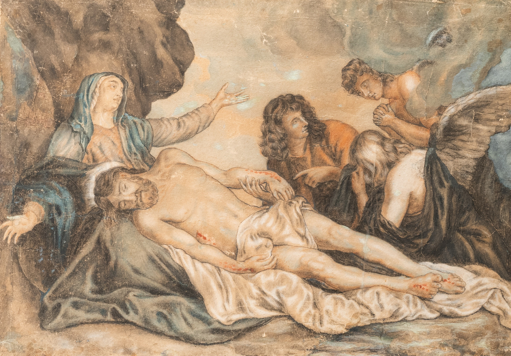 Flemish school, follower of Anthony van Dyck (1599-1641), mixed technique on paper, 17th C.: Lamentation over the Dead Christ