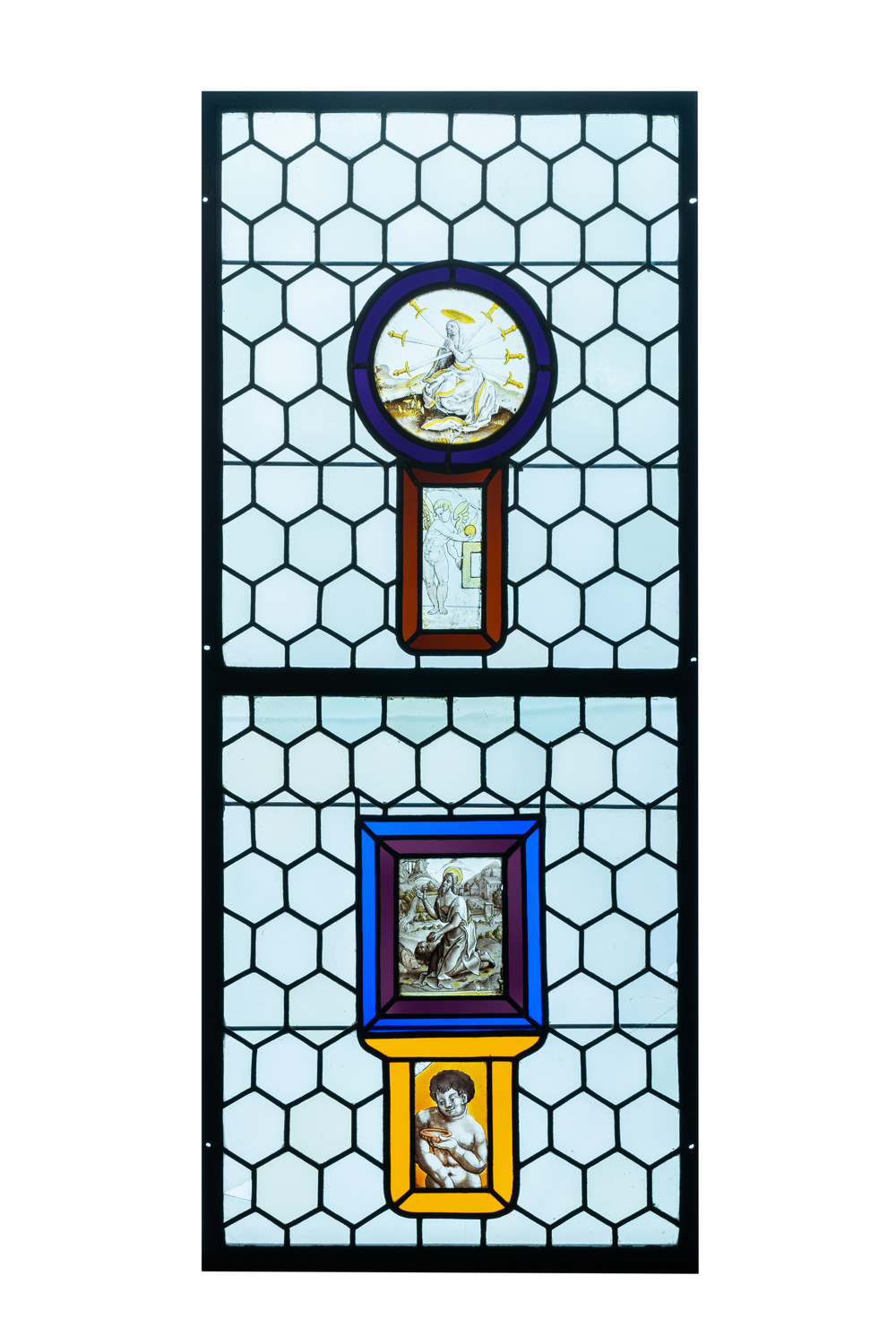 A composite stained and painted glass window mounted in lead alloy, France, 16th C.