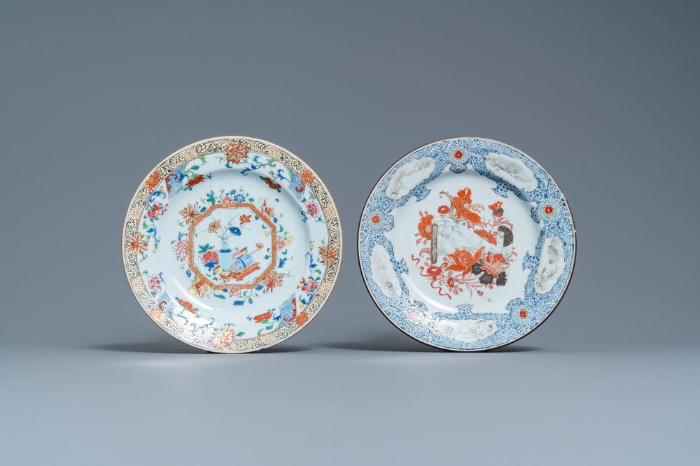 A Chinese famille rose 'antiquities' plate and one with a scroll, Yongzheng