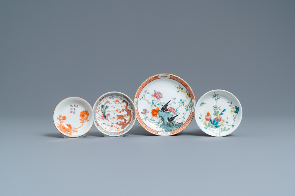 Quatre coupes en porcelaine de Chine famille rose et rouge de fer, marques de Guangxu et Qianlong, 19/20&egrave;me