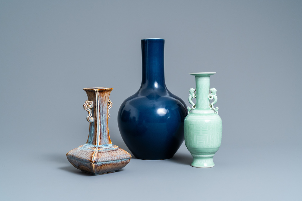 Two Chinese monochrome vases and one flamb&eacute;-glazed vase, 19/20th C.