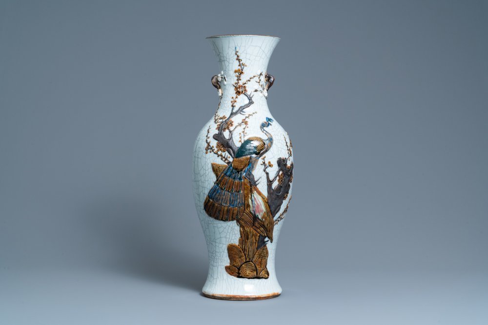 A Chinese polychrome Nanking crackle-glazed 'peacock' vase, Chenghua mark, 19th C.