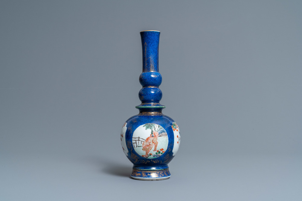 A Chinese famille verte powder blue-ground vase, Kangxi