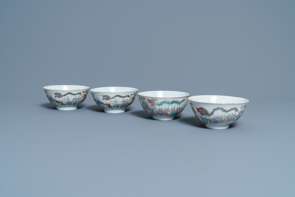 Four Chinese famille rose 'spring festival' bowls, 19th C.