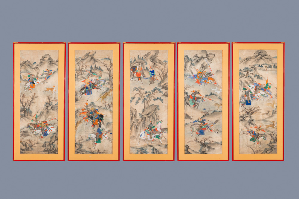 Chinese school, inkt en kleur op papier: 'Vijf jachtsc&egrave;nes', 19e eeuw