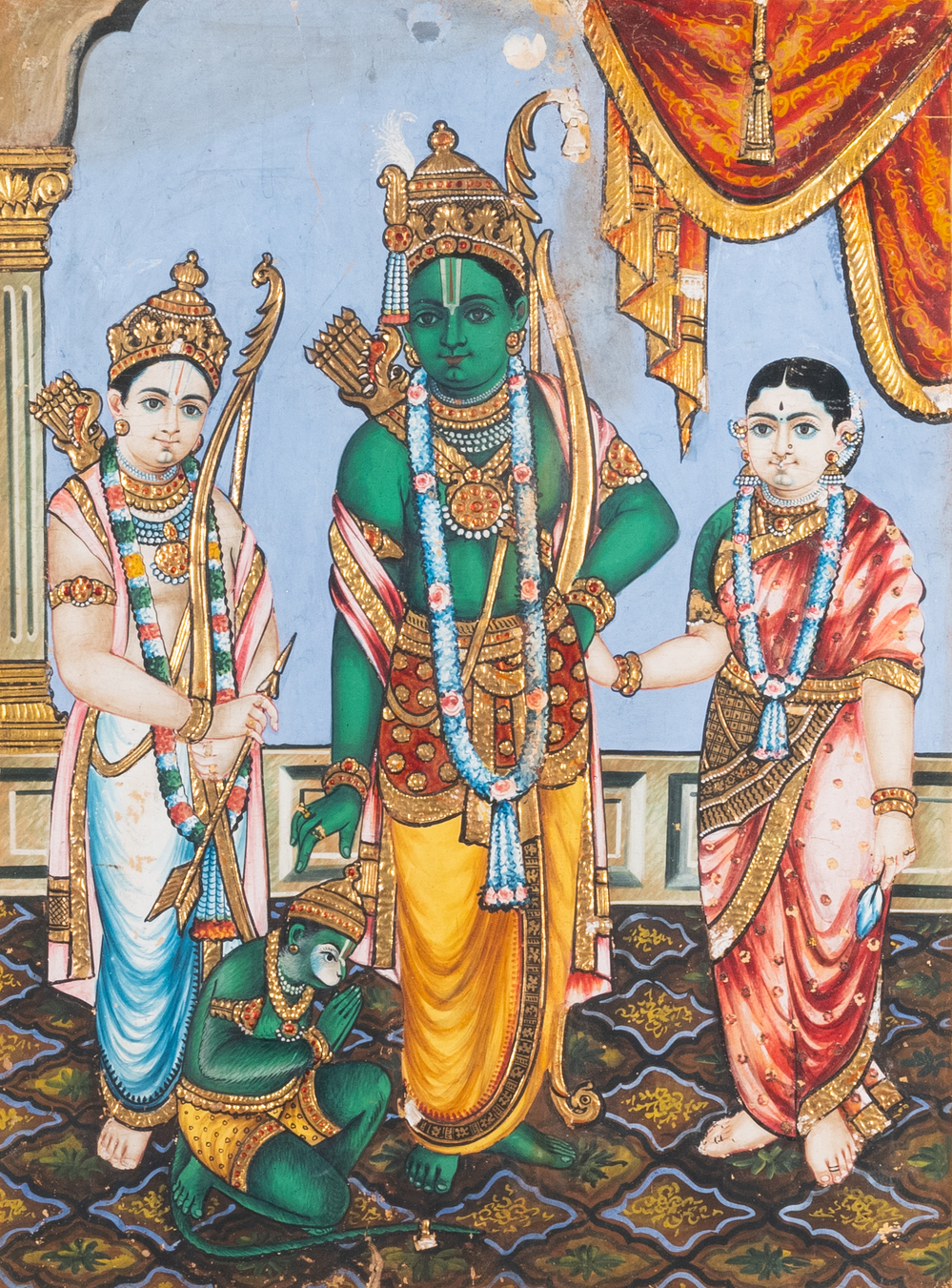 Thanjavur school, Zuid-India, kleur en bladgoud op papier: 'Vishnu', 19e eeuw