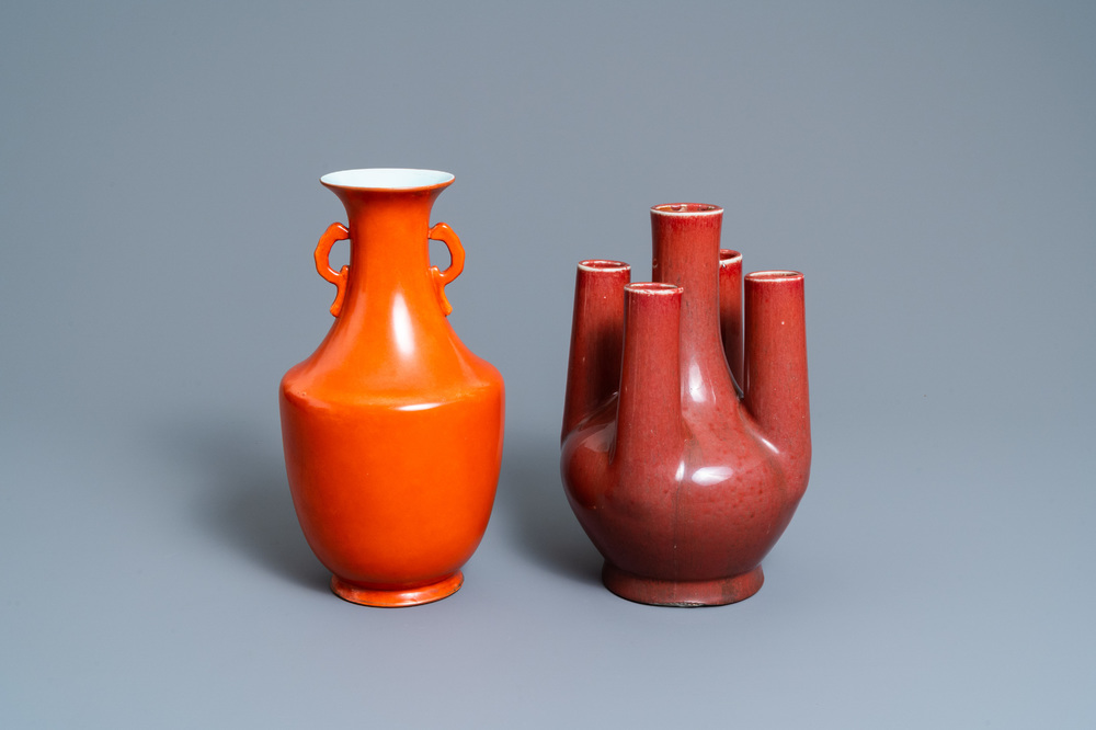 A Chinese monochrome coral red vase and a five-spouted sang de boeuf-glazed vase, 19/20th C.