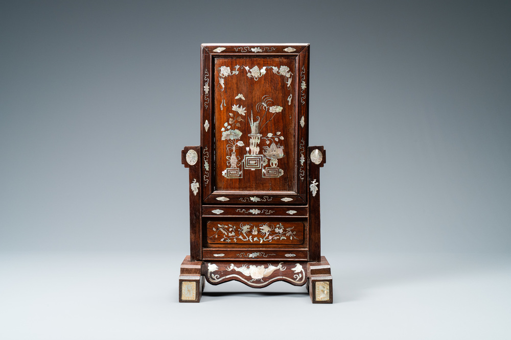 A Chinese mother-of-pearl-inlaid wooden table screen, 19th C.