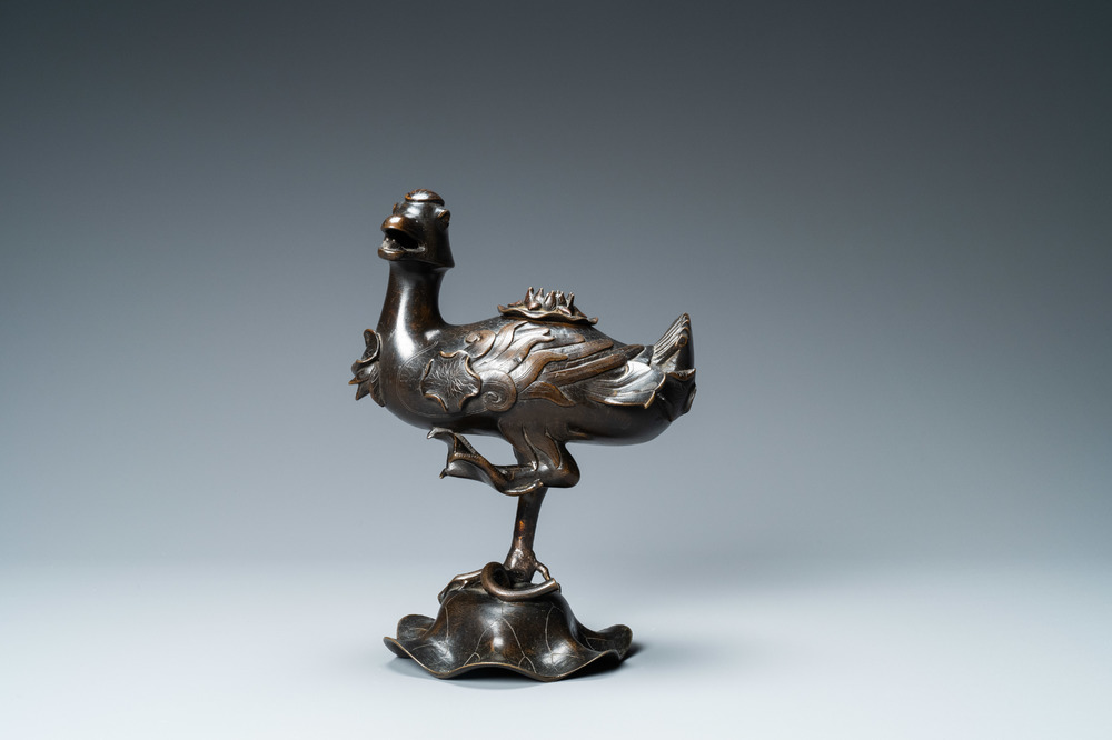 A Chinese bronze 'mandarin duck on lotus' censer, Ming