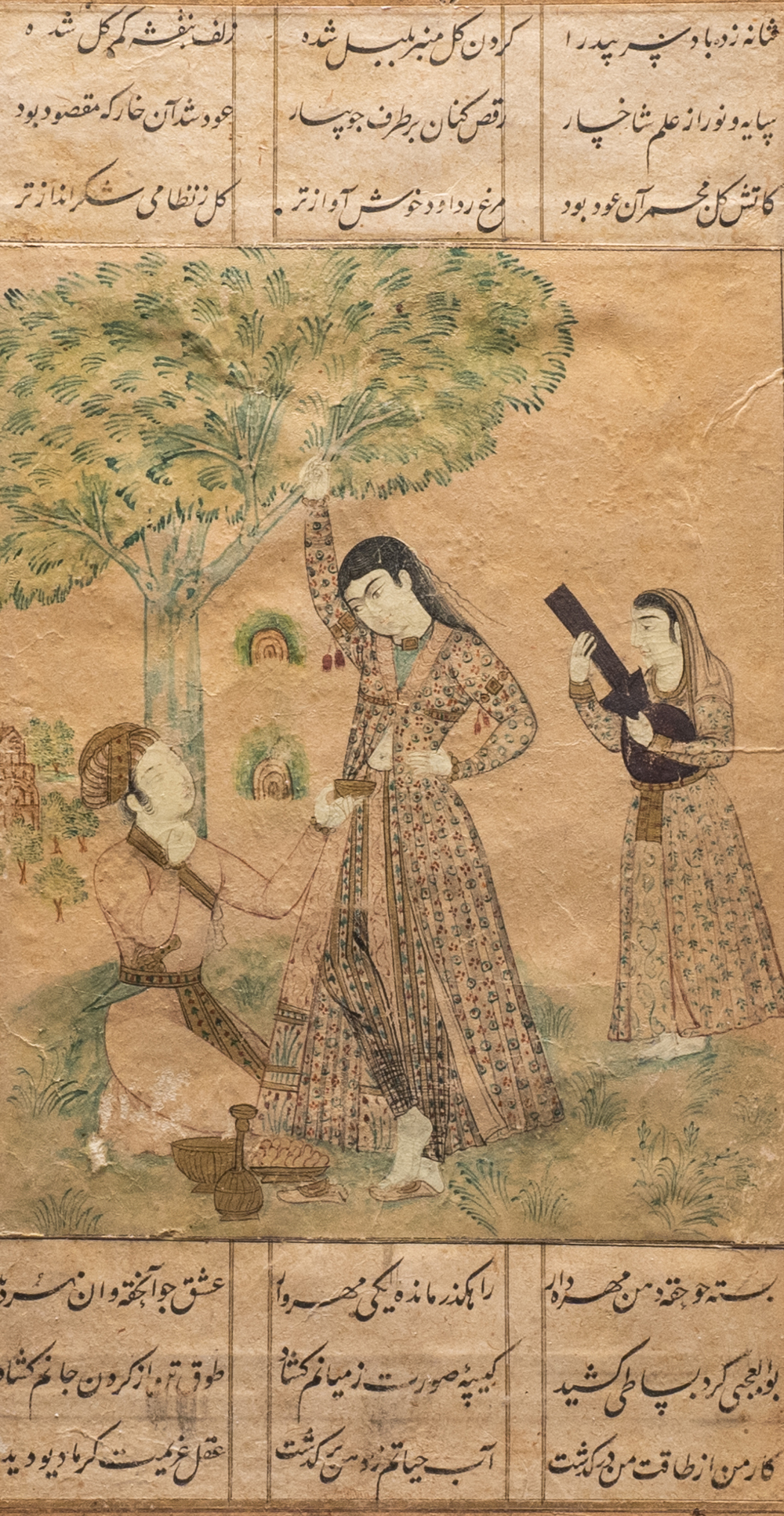 A Persian miniature on paper: 'Kneeling man in front of a beauty and her servant', probably India, 18/19th C.