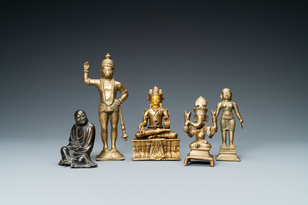 Five bronze figures, India, Japan and Tibet, 19/20th C.
